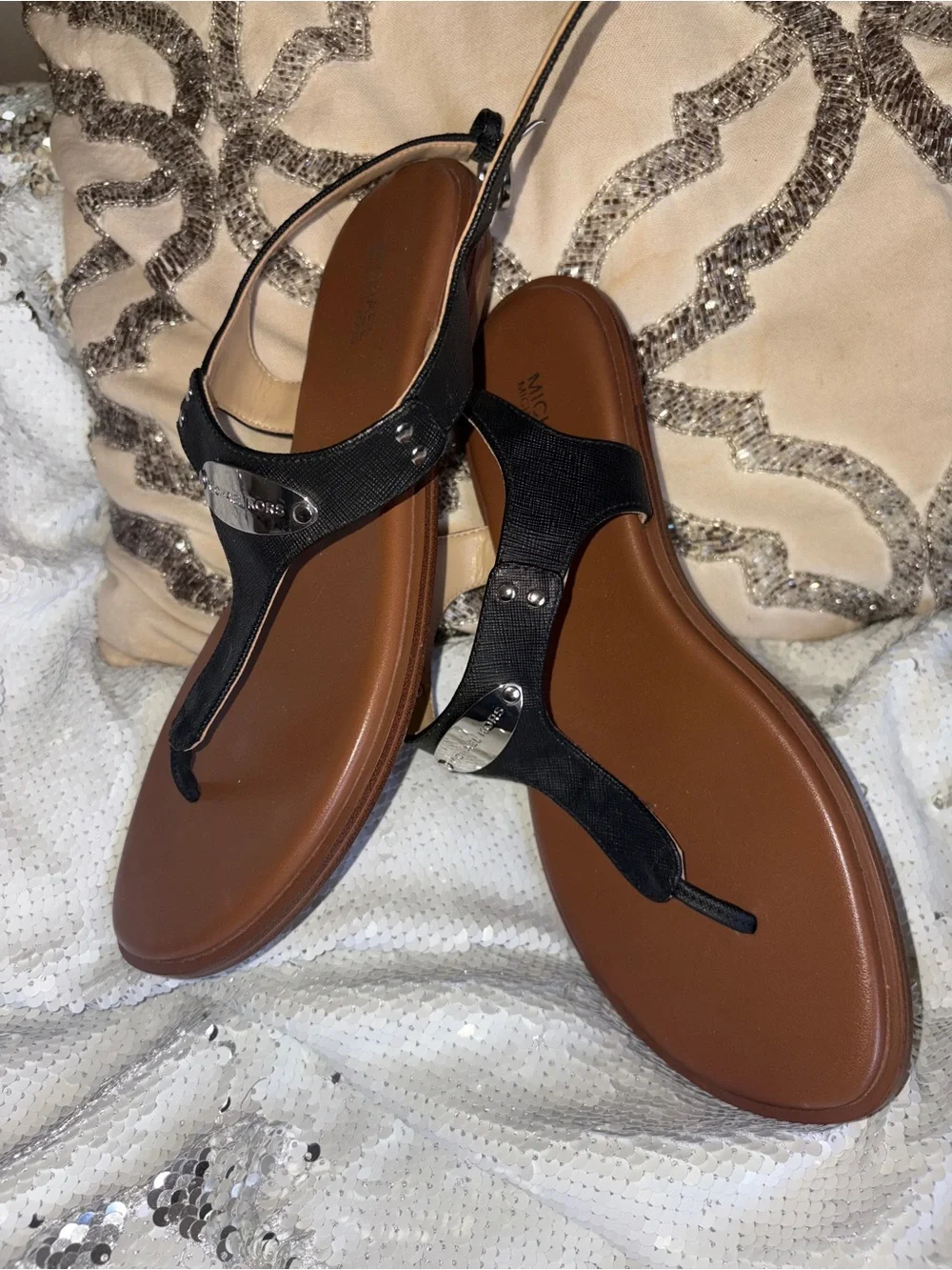 Michael Kors Black Leather Thong Sandals with Brown Footbed